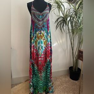 Silk printed tback maxi dress Multicolor embellished beaded neckline vneck
